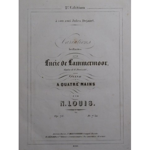 LOUIS N. Variations Lucie de Lammermoor op 78 Piano 4 mains ca1860