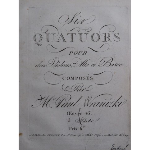 WRANITZKY Paul Six Quatuors op 16 Violons Altos Violoncelle ca1795