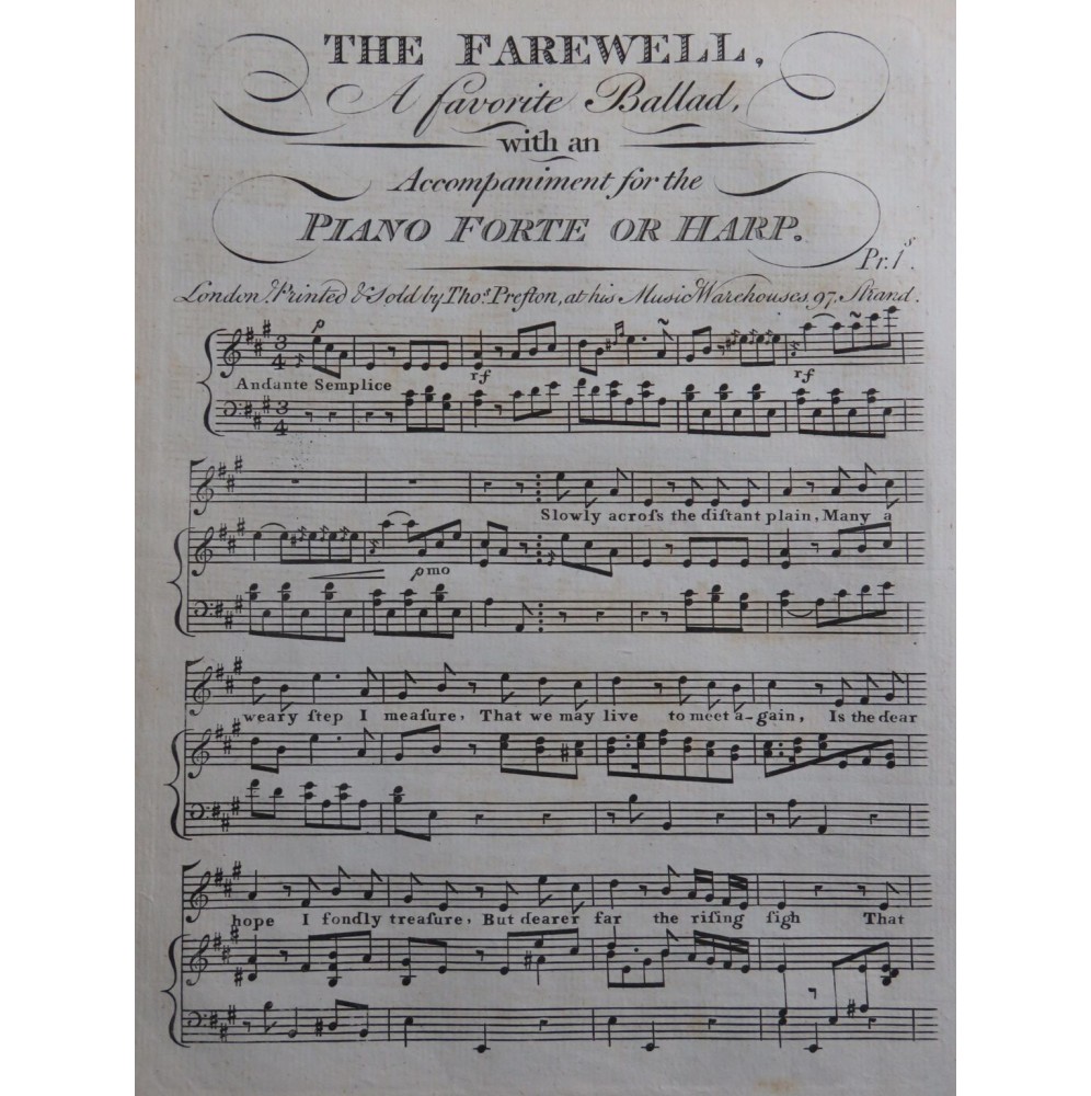 The Farewell A Favorite Ballad Chant Piano ou Harpe ca1830