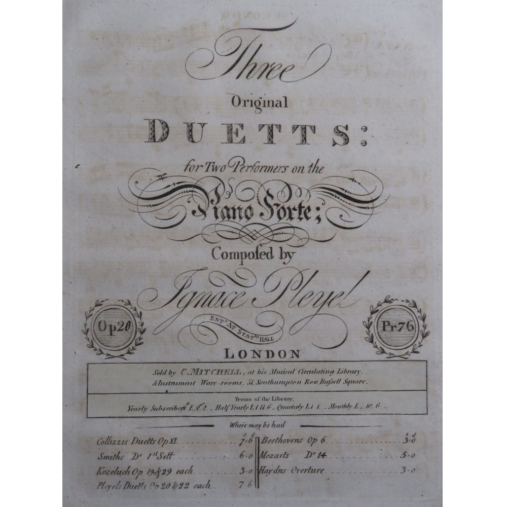 PLEYEL Ignace Three Original Duetts op 20 Piano 4 mains ca1810