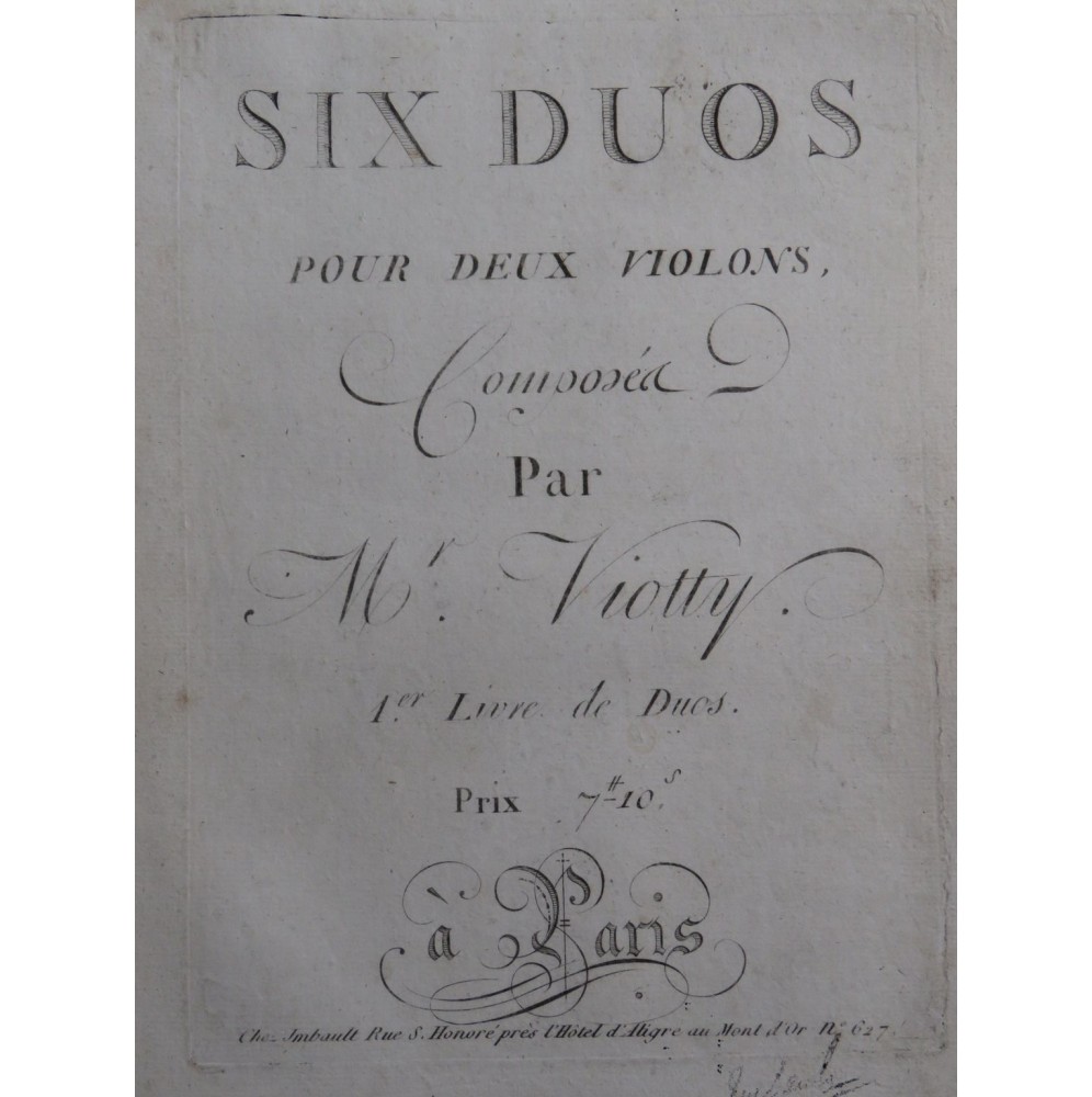 VIOTTI J. B. Six Duos Livre Ier W 4 pour deux Violons ca1790