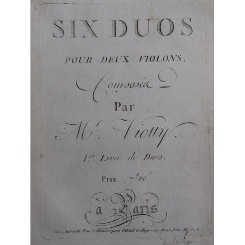 VIOTTI J. B. Six Duos Livre Ier W 4 pour deux Violons ca1790