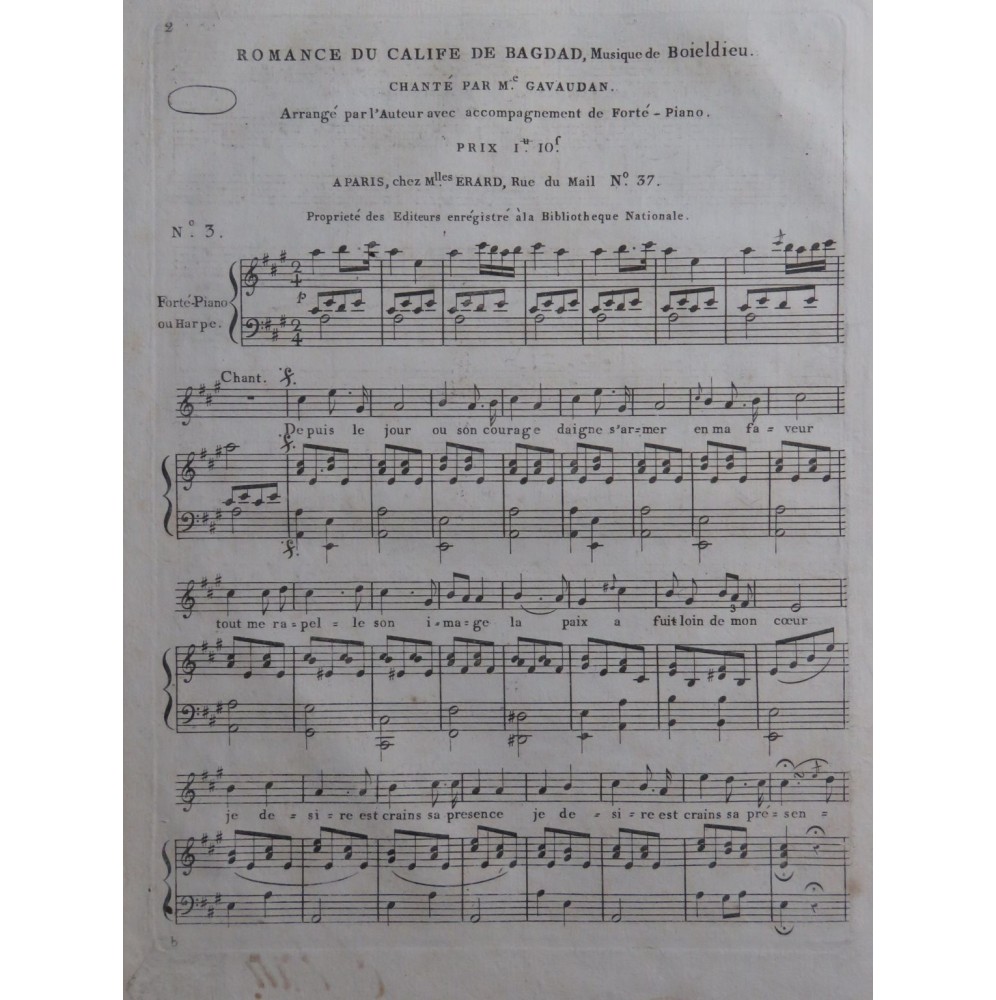 BOIELDIEU Adrien Romance du Calife de Bagdad Chant Harpe ou Piano ca1810