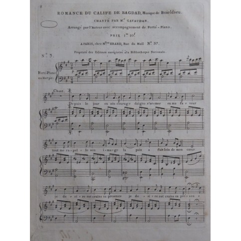BOIELDIEU Adrien Romance du Calife de Bagdad Chant Harpe ou Piano ca1810