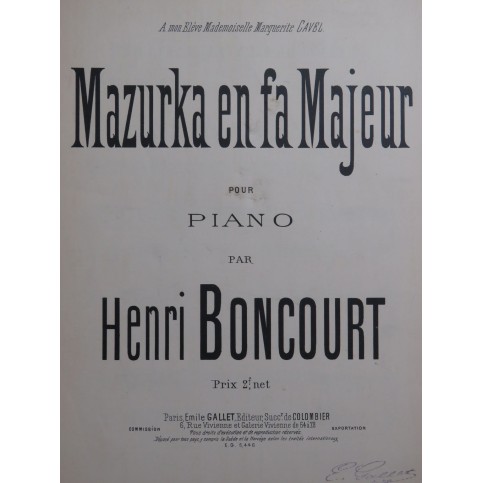 BONCOURT Henri Mazurka en fa Majeur Piano ca1900