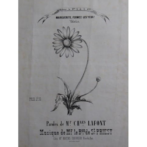 DE SAINT PRIEST Auguste Marguerite, Fermez les Yeux ! Chant Piano ca1840
