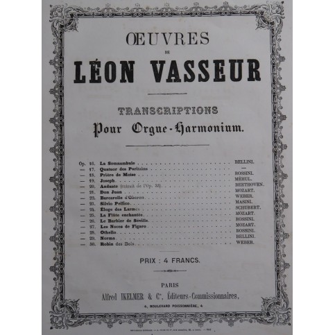 VASSEUR Léon Prière de Moïse de Rossini Orgue Harmonium ca1867