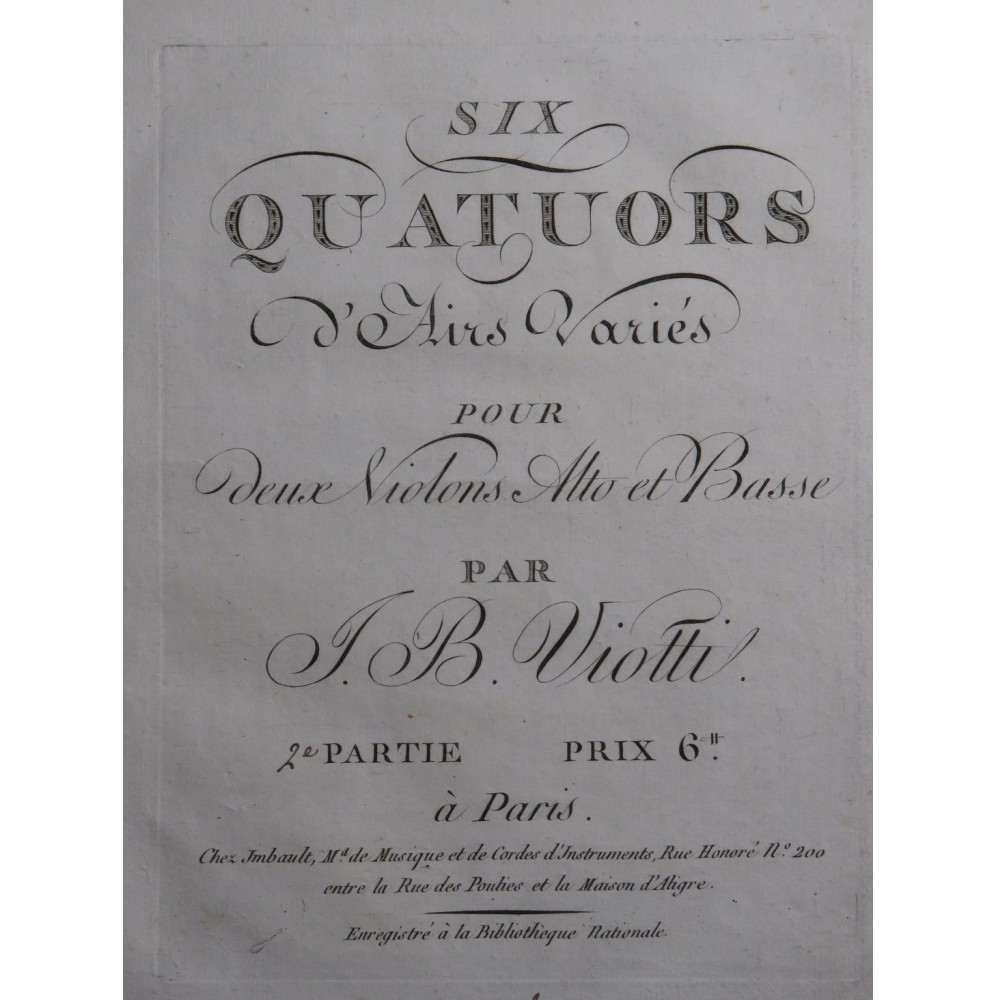 VIOTTI J. B. Six Quatuors d'Airs Variés 2ème Partie Violon Alto Basse ca1796