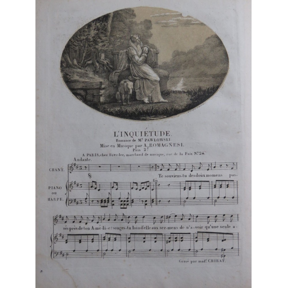 ROMAGNESI Antoine L'inquiétude Chant Piano ou Harpe ca1830