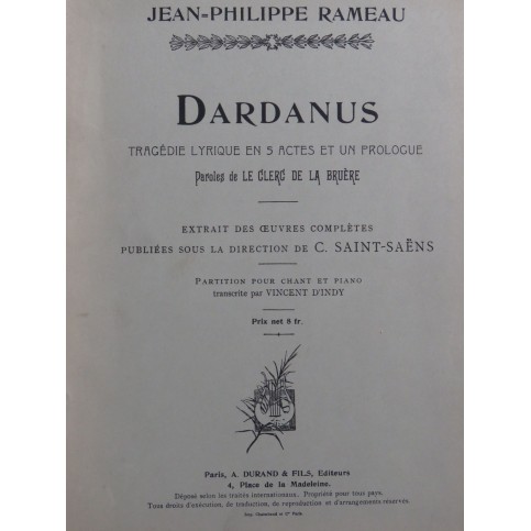 RAMEAU Jean-Philippe Dardanus Piano Chant 1905