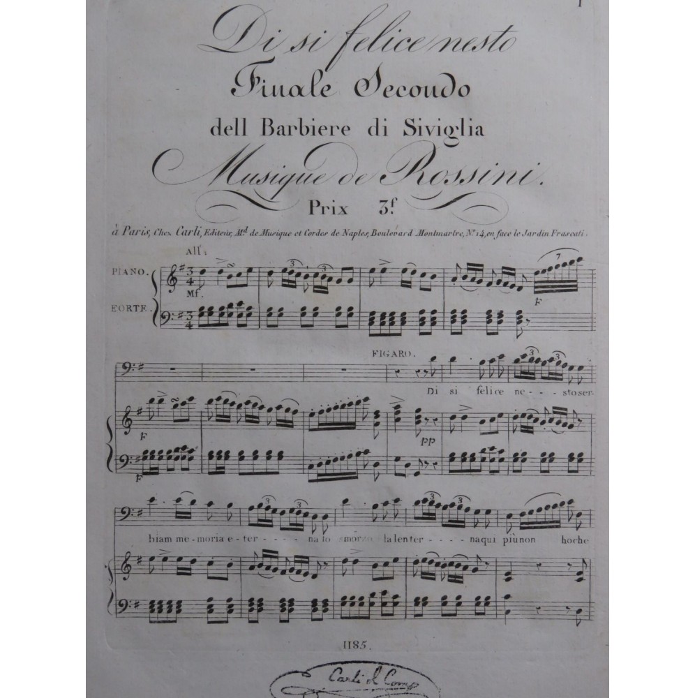ROSSINI G. Il Barbiere di Siviglia Di si felice nesto Chant Piano ca1820