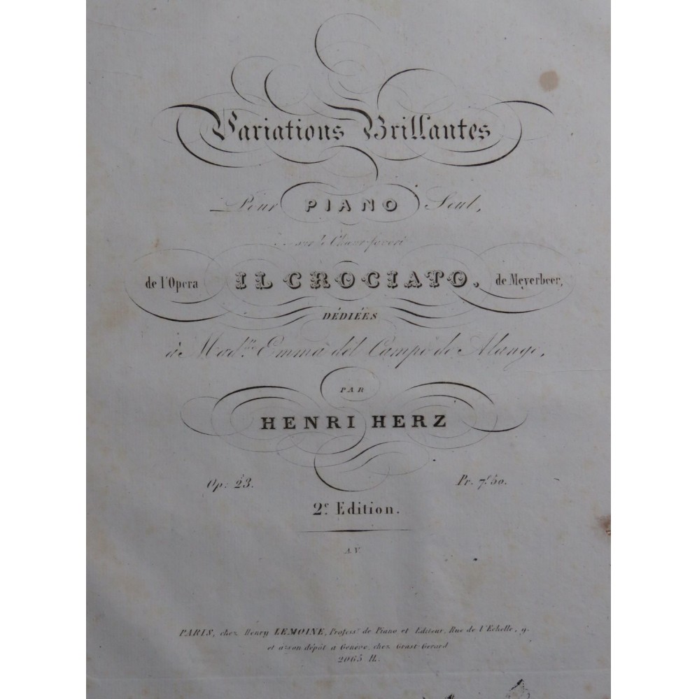HERZ Henri Variations Brillantes sur Il Crocciato Meyerbeer op 23 Piano ca1840