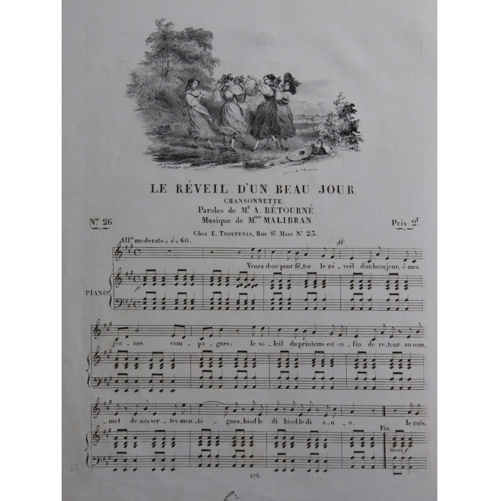 MALIBRAN Marie Le Réveil d'un Beau Jour Chant Piano ca1830