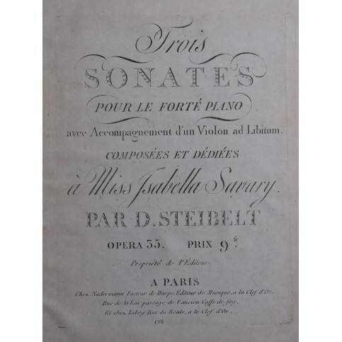STEIBELT Daniel Trois Sonates op 35 Violon ca1800