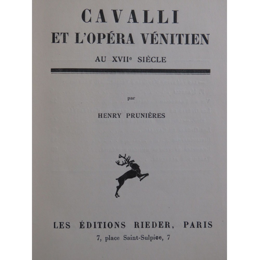 PRUNIÈRES Henry Cavalli et l'Opéra Vénitien au XVIIe siècle 1931
