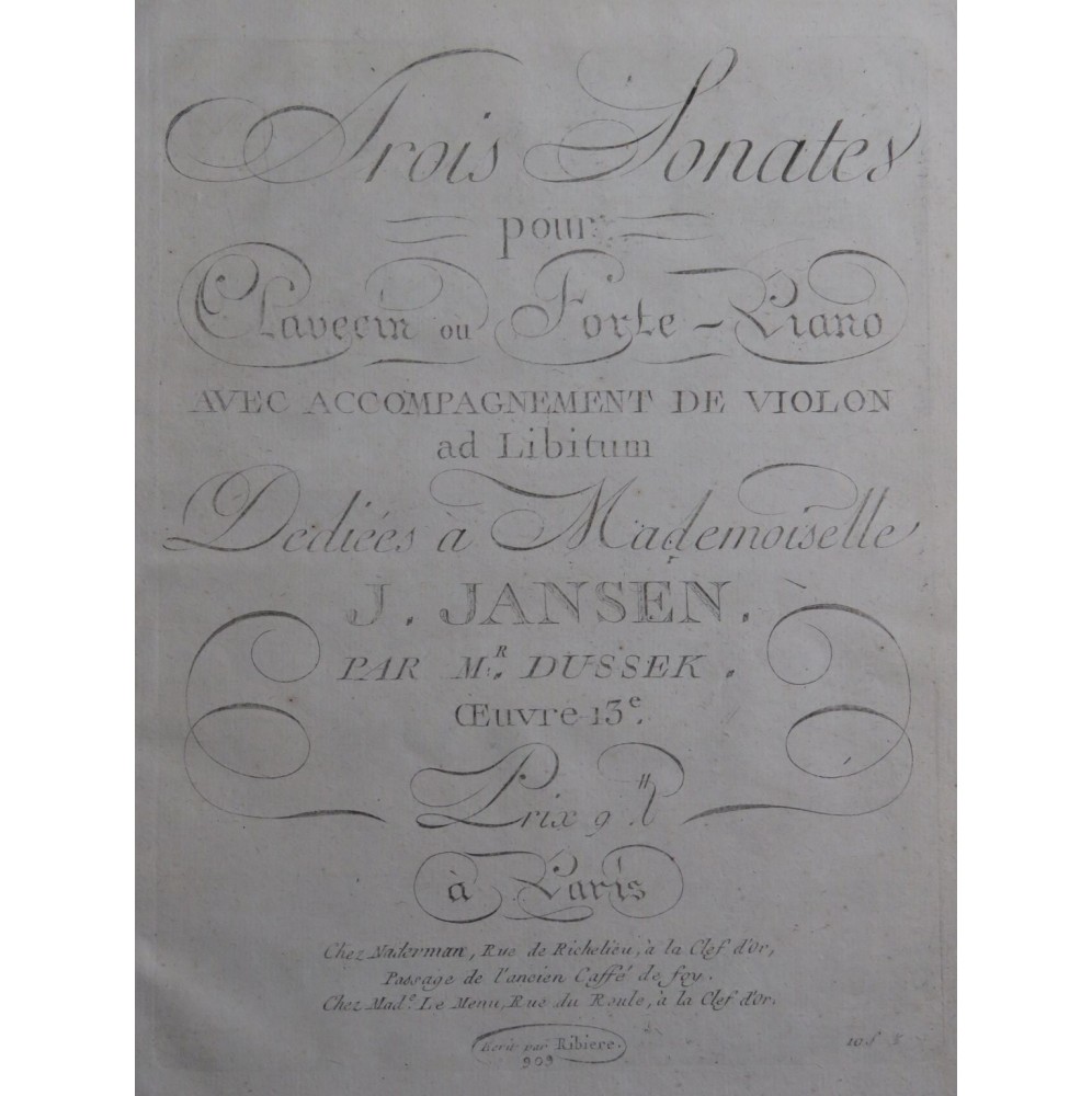 DUSSEK J. L. Trois Sonates op 13 Violon ca1815