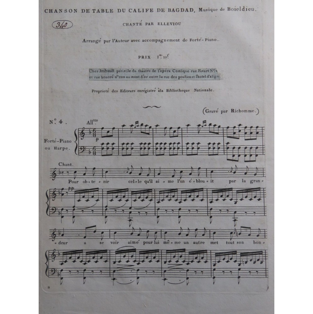 BOIELDIEU Adrien Le Calife de Bagdad No 4 Chant Piano ou Harpe ca1800