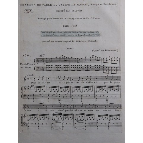 BOIELDIEU Adrien Le Calife de Bagdad No 4 Chant Piano ou Harpe ca1800