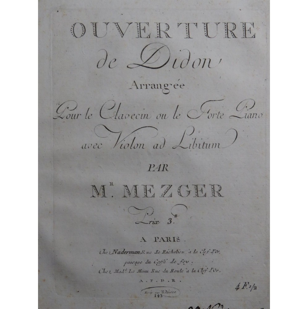PICCINNI Niccolo Didon Ouverture Clavecin ou Piano ca1795