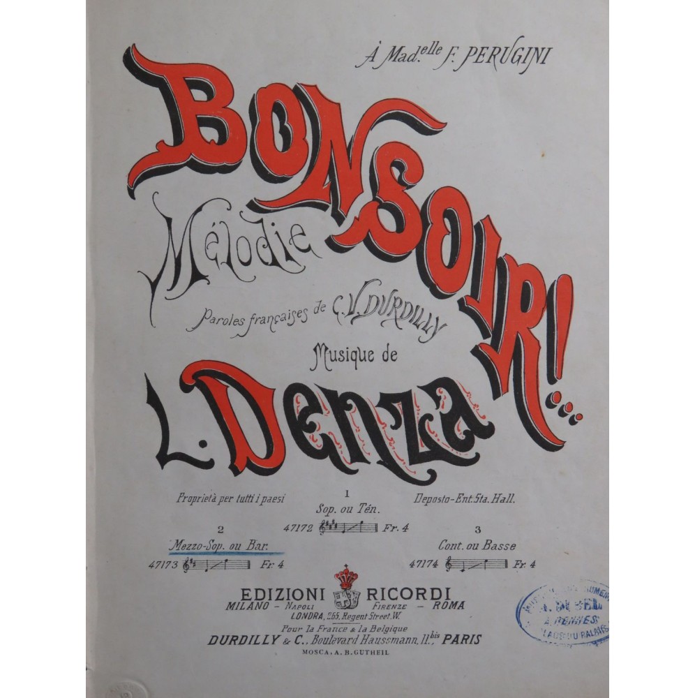 DENZA Luigi Bonsoir ! Chant Piano 1881