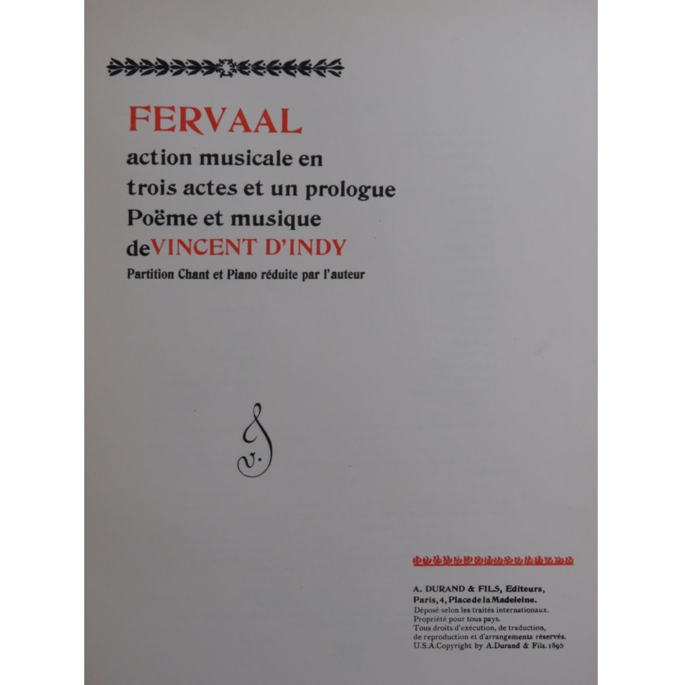 D'INDY Vincent Fervaal Action Musicale Chant Piano 1895