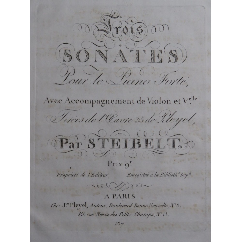 STEIBELT Daniel Trois Sonates Pleyel op 35 Violon ca1805