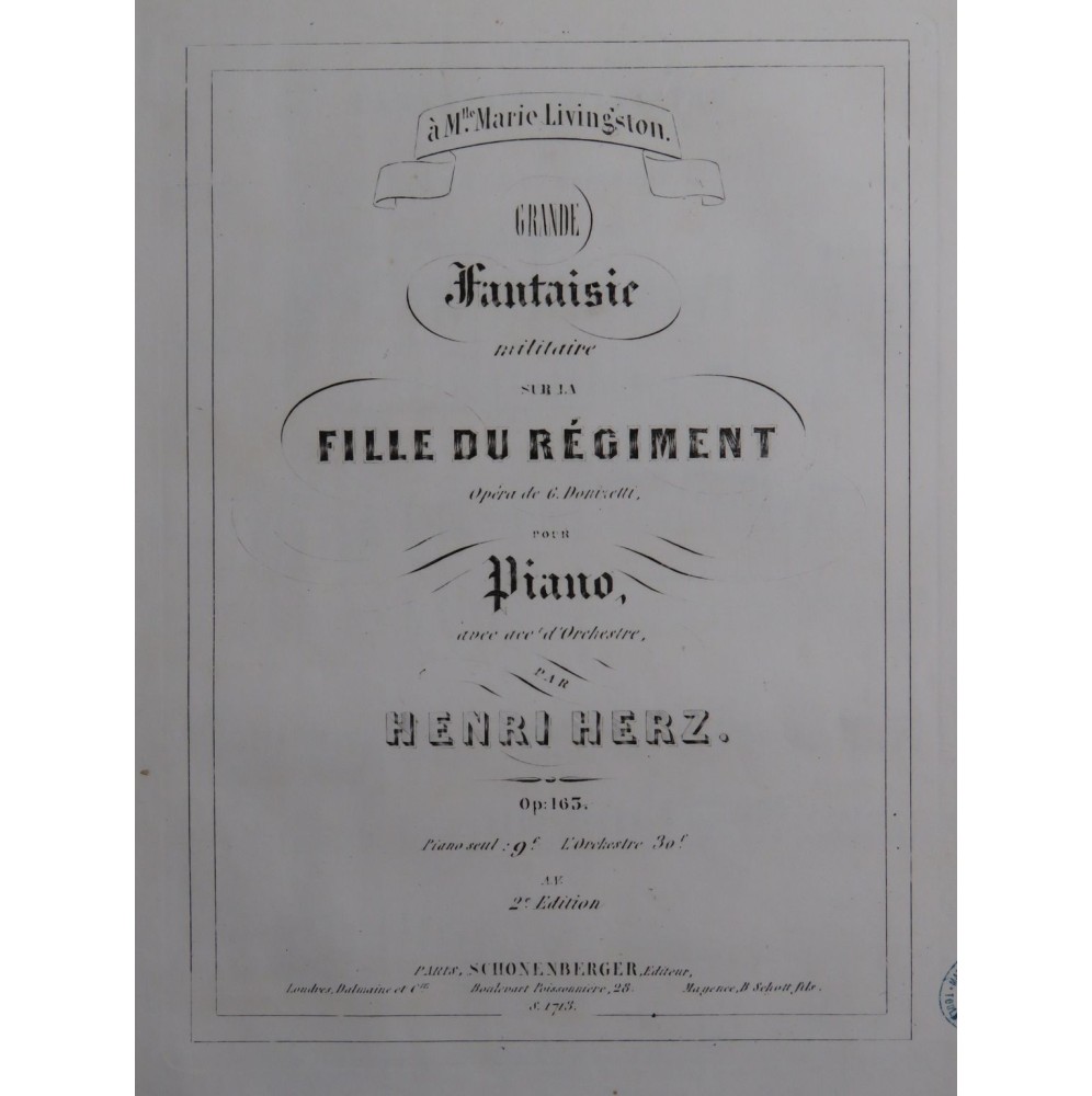HERZ Henri Grande Fantaisie La Fille du Régiment op 163 Piano ca1847