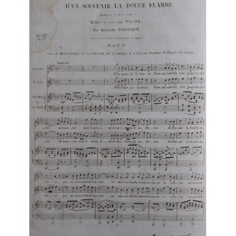 PANSERON Auguste D'un souvenir la Douce Flamme Chant Piano ou Harpe ca1830