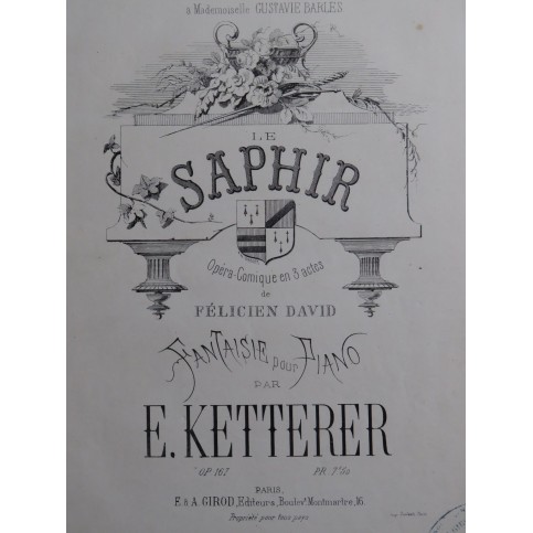 KETTERER Eugène Fantaisie Brillante sur le Saphir op 167 Piano ca1865