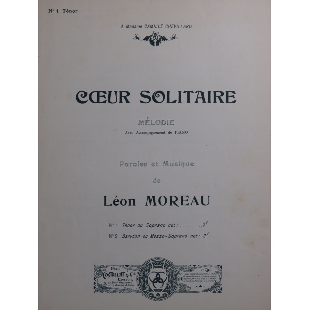 MOREAU Léon Coeur Solitaire op 37 Chant Piano ca1905