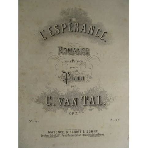 VAN TAL C. L'Espérance Piano 1865