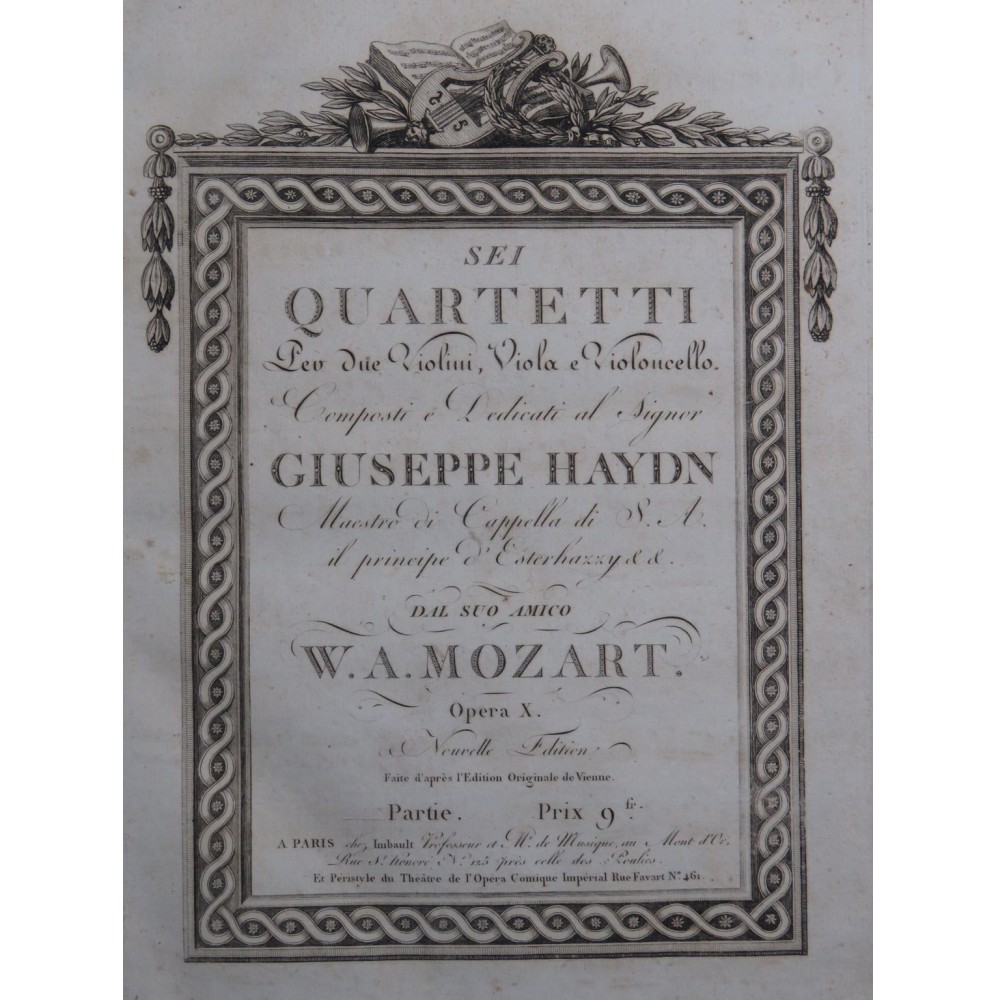MOZART W. A. Sei Quartetti op 10 2e Partie Violon Alto Violoncelle ca1810