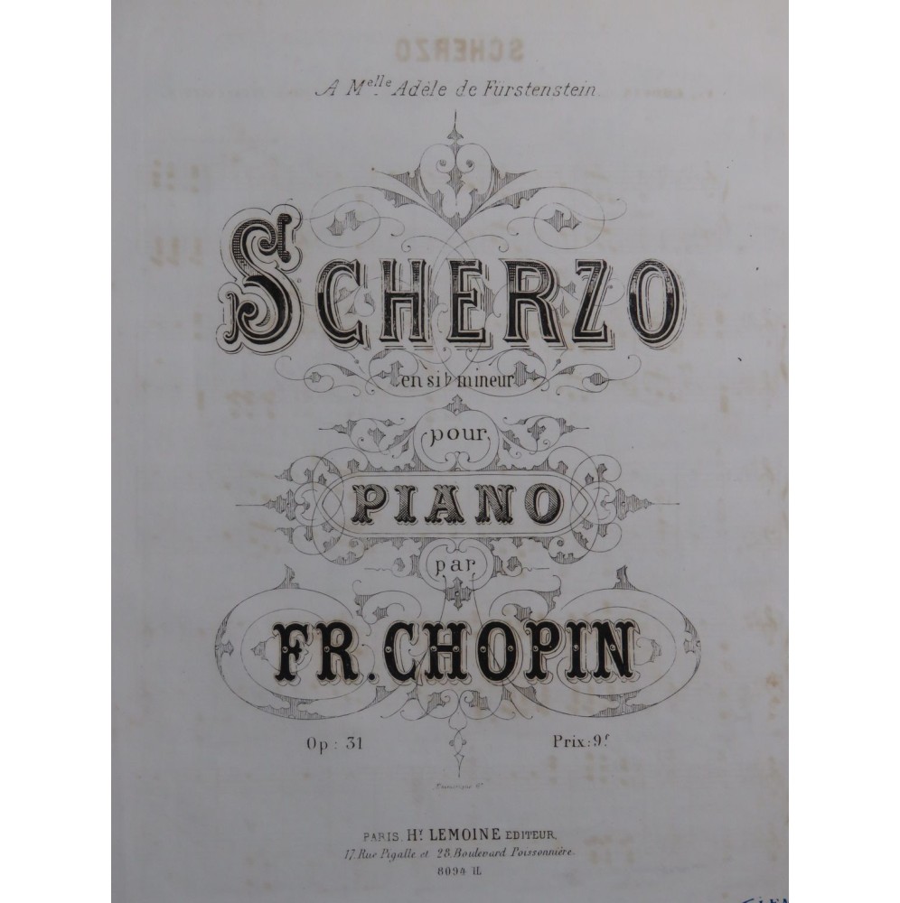 CHOPIN Frédéric Scherzo en Si b mineur op 31 Piano ca1877