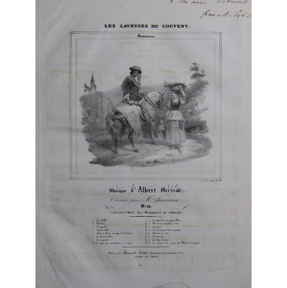 GRISAR Albert Les Laveuses du couvent Dédicace Chant Piano ca1840