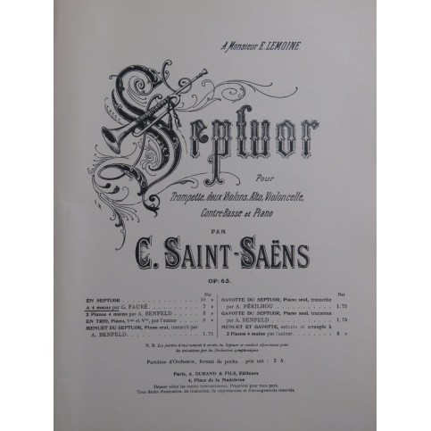 SAINT-SAËNS Camille Septuor op 65 Piano 4 mains 1926