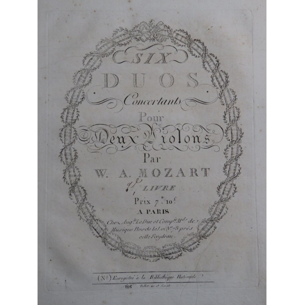 MOZART W. A. Six Duos Concertants 2e Livre 2 Violons ca1800