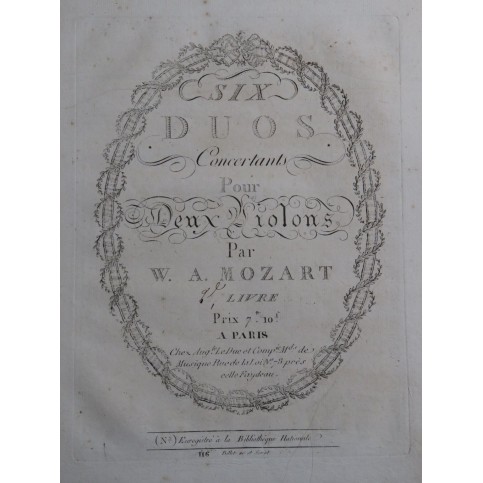 MOZART W. A. Six Duos Concertants 2e Livre 2 Violons ca1800