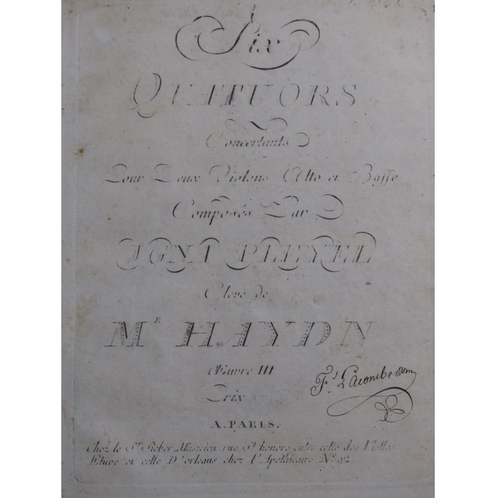 PLEYEL Ignace Six Quatuors op 3 Violons Alto Violoncelle ca1795