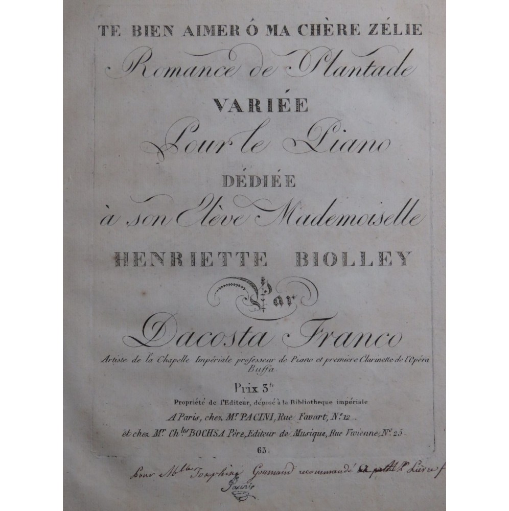 DACOSTA Franco Te bien aimer ô ma chère Zélie Chant Piano ou Harpe ca1820