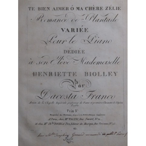 DACOSTA Franco Te bien aimer ô ma chère Zélie Chant Piano ou Harpe ca1820