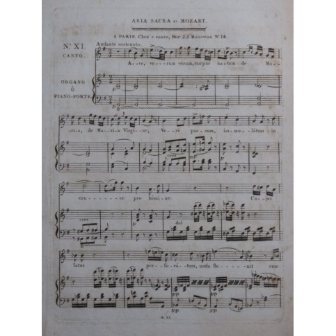 MOZART W. A. Aria Sacra Ave Verum G Major Chant Orgue Orchestre ca1807