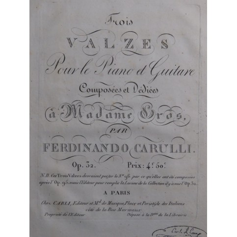 CARULLI Ferdinando Trois Valzes op 32 Piano Guitare ca1820