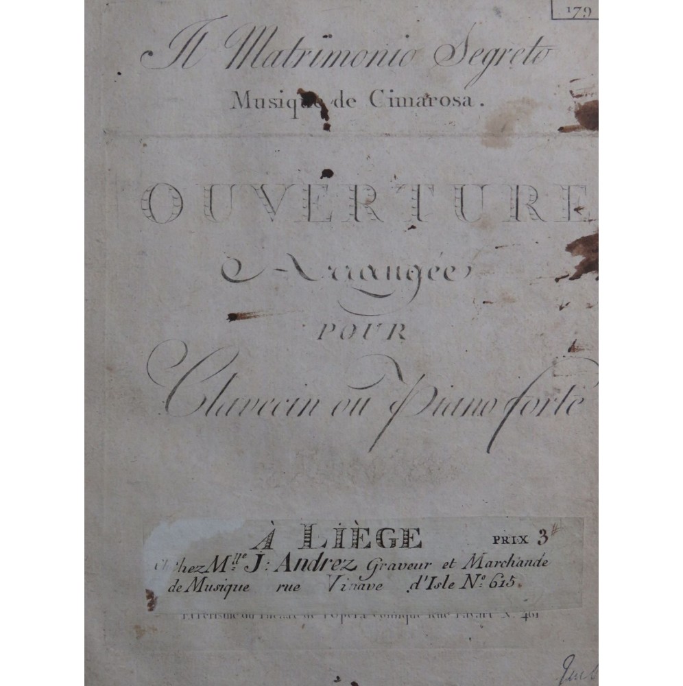 CIMAROSA Domenico Il Matrimonio Segreto Ouverture Piano ca1787
