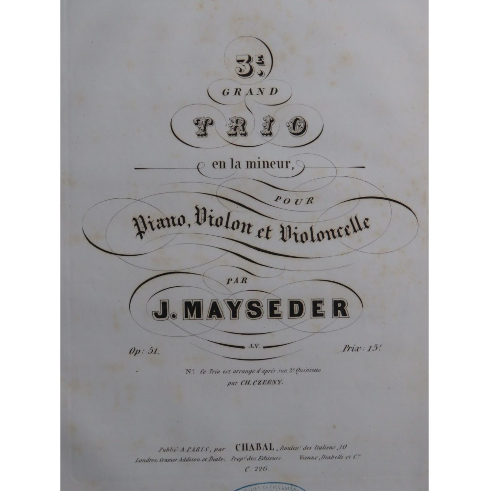MAYSEDER Joseph Grand Trio No 3 op 51 Piano ca1845