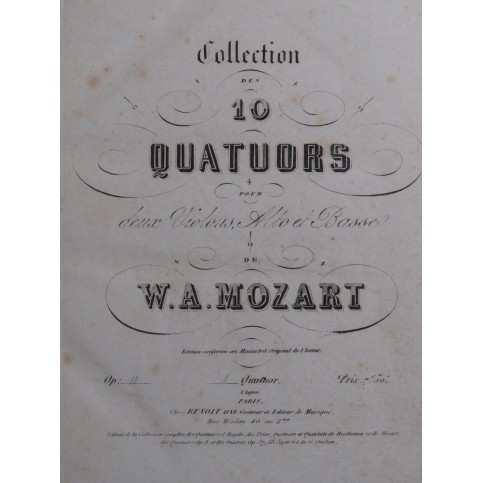 MOZART W. A. Quatuor op 10 No 1 Violon Alto Violoncelle ca1855