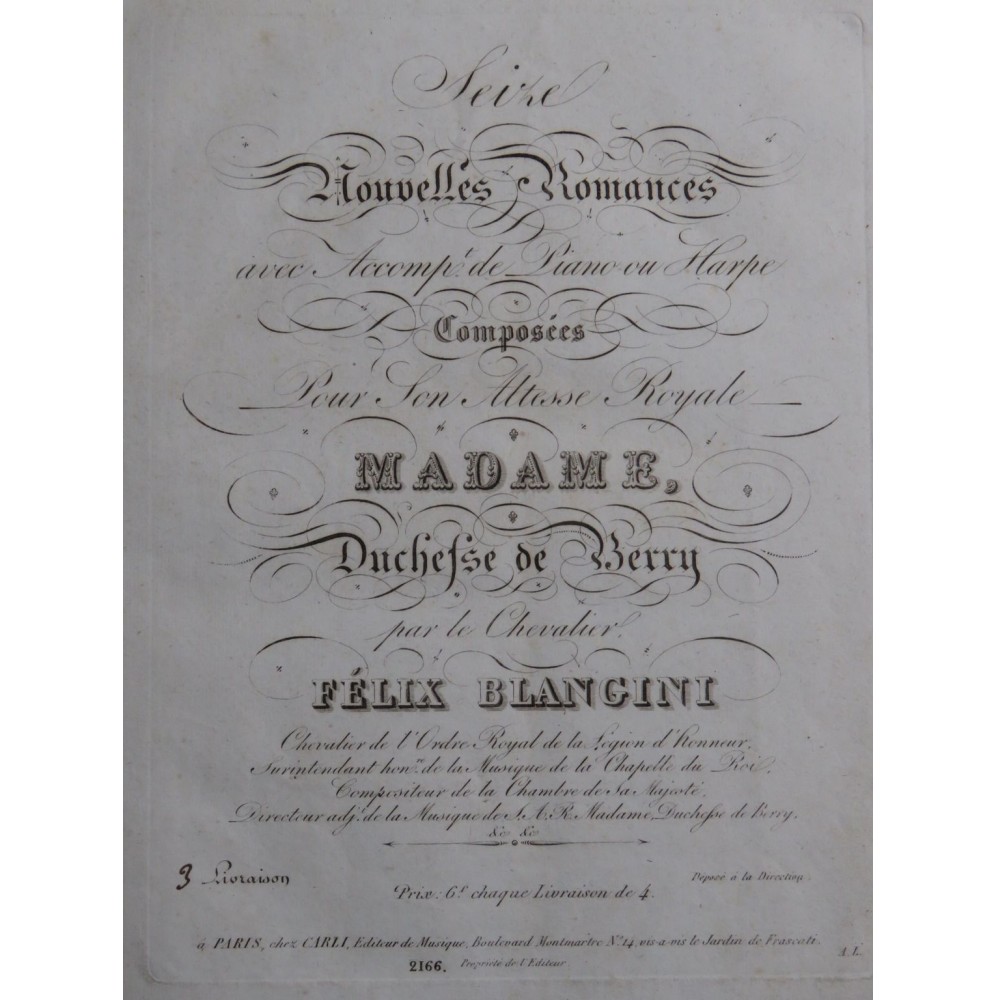 BLANGINI Félix Seize Nouvelles Romances 3e Livraison Chant Piano ou Harpe ca1830