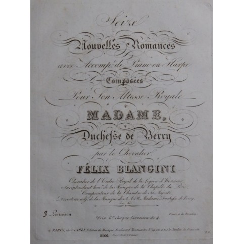 BLANGINI Félix Seize Nouvelles Romances 3e Livraison Chant Piano ou Harpe ca1830