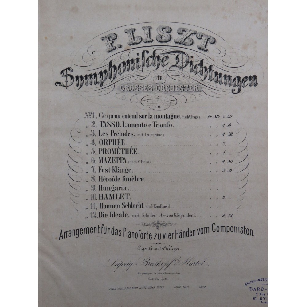 LISZT Franz Symphonische Dichtungen 12 Pièces Piano 4 mains ca1860
