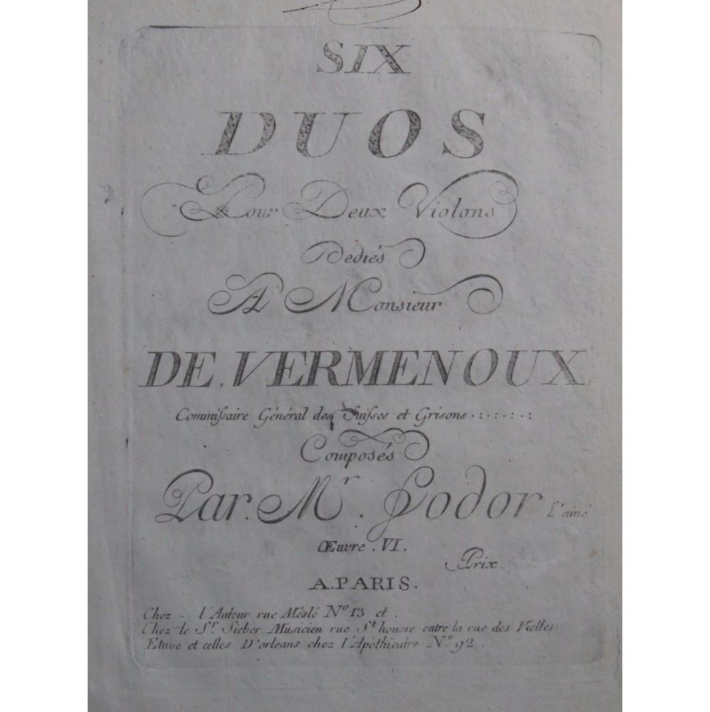 FODOR Josephus Six Duos op 6 pour 2e Violon XVIIIe siècle