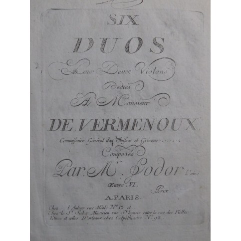 FODOR Josephus Six Duos op 6 pour 2e Violon XVIIIe siècle